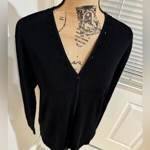 Lin Collection XL black fitted button up cardigan w/ beads around the neck area
